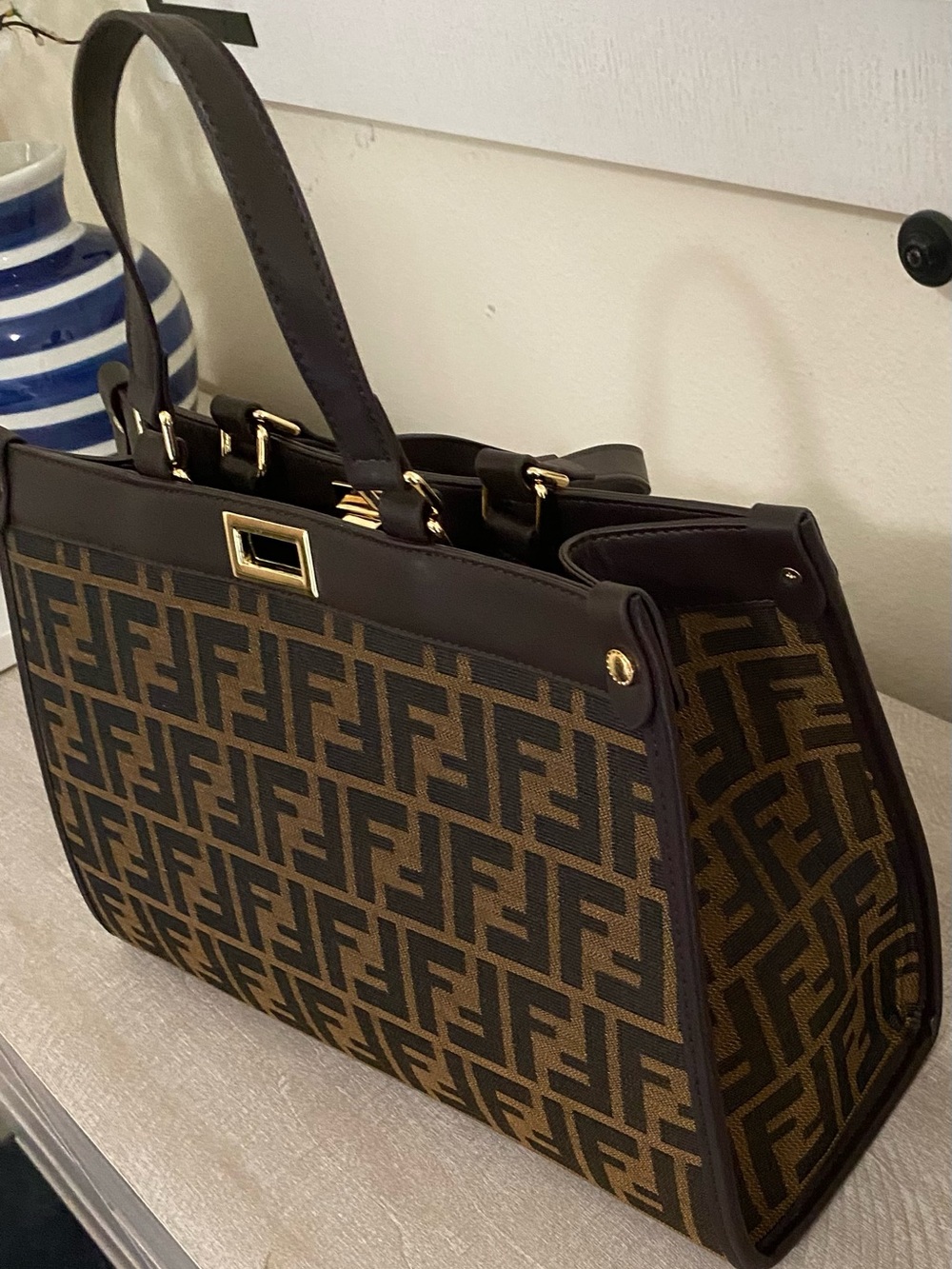 Fendi Brown Zucca Jacquard Top-Handle Tote with Gold Hardware